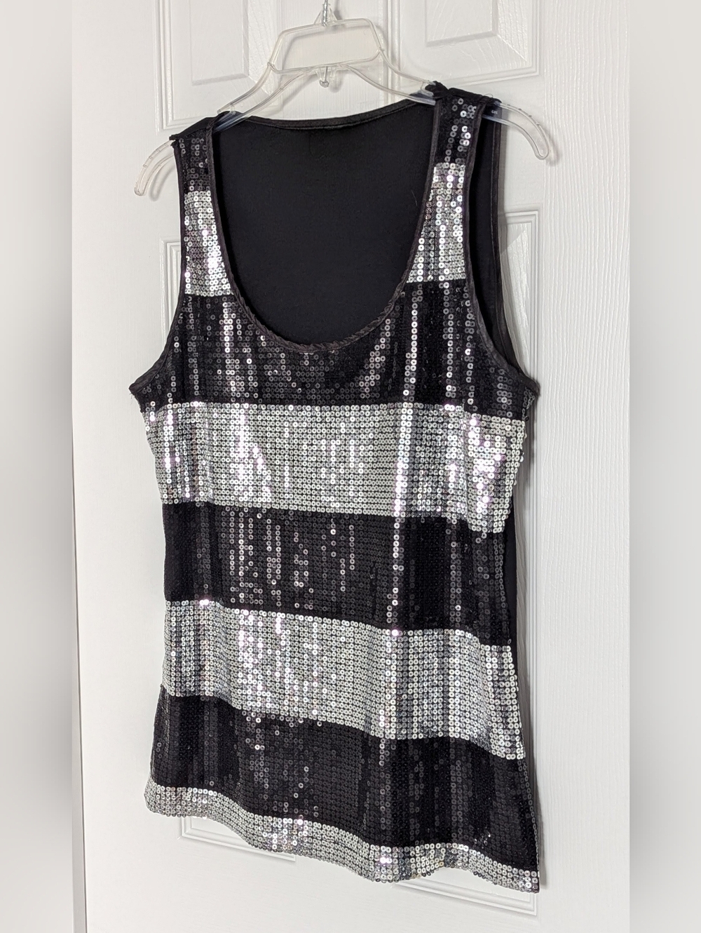 Debbie Shuchat Women's (Large) Black & Silver Striped Sequin Sleeveless Tank Top - Picture 4 of 15